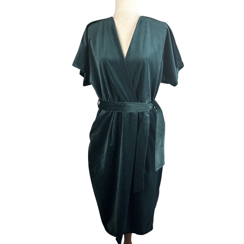 Closet London Kimono Sleeve Velvet Midi Dress Size 10 Wrap Tie Emerald Green